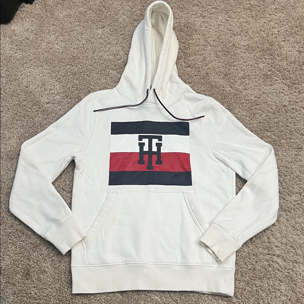 Tommy Hilfiger White Hoodie with Logo and Stripes men’s sz small